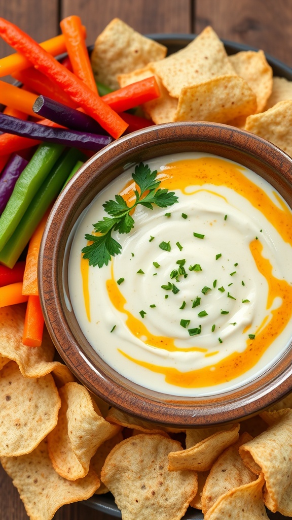 A creamy garlic cheese dip in a rustic bowl, with vegetable sticks and chips on a wooden table.